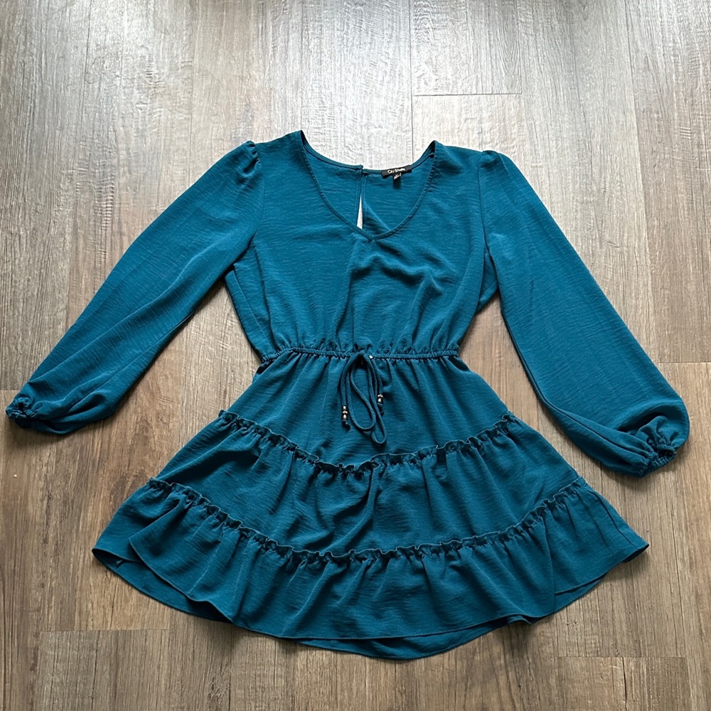 Teal Long Sleeve Ruffle Dress